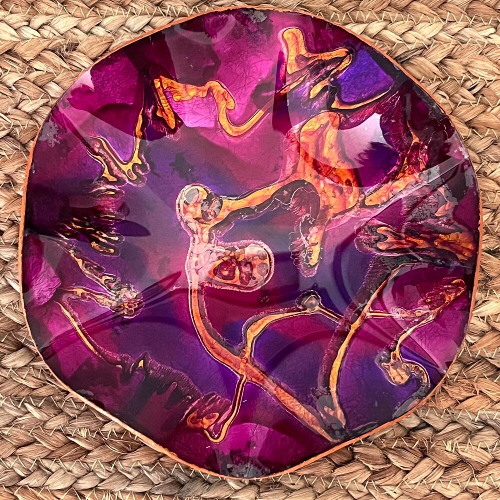 Vintage Scallop Edge Foil Art Glass Plate Bowl Leather Back Hanger Abstract 7"